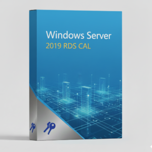 Windows Server 2019 RDS CAL szoftverlicenc termékdoboza kék háttérrel és digitális városképpel