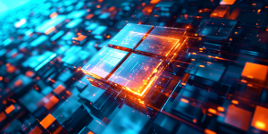 Windows Server 2025 technológiai ábra, központi processzor-kezelőegység kék és narancs neon világítással