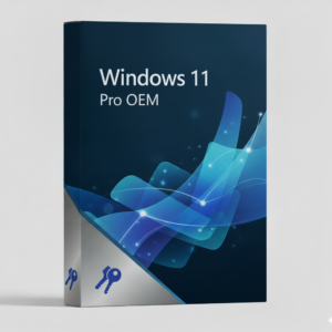 Windows 11 Pro OEM szoftvercsomag doboza kék design elemekkel és kulcs ikonokkal