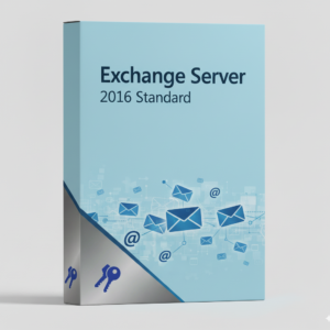 Exchange Server 2016 Standard szoftvercsomag doboza levél és @ szimbólumokkal díszítve.