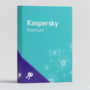 Kaspersky Premium biztonsági szoftver csomagdoboza turquoise és lila színű design elemekkel