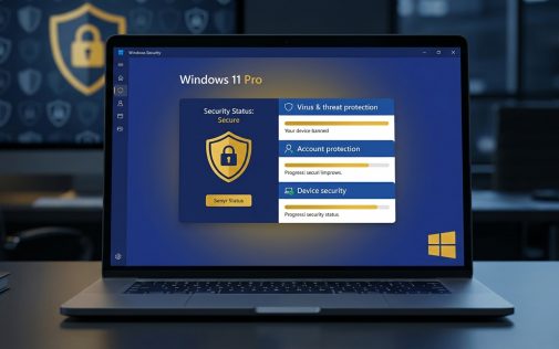 Windows 11 Pro biztonsági központ az antivírus, fiókvédelem és eszközbiztonság állapotát mutatja.