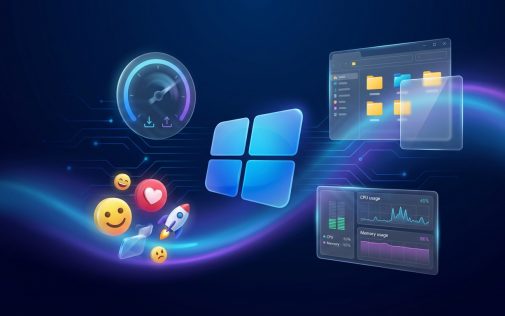 Windows és szoftverlicencek illusztrációja, rendszermonitor, emoji és gyorsaság szimbólumokkal.