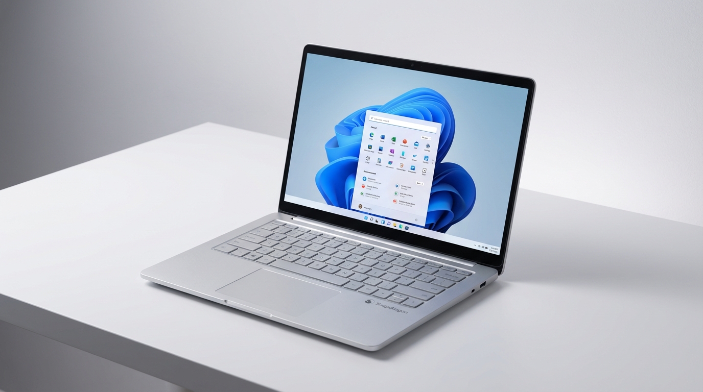 Ezüst laptop Windows 11 kezdőképernyővel megjelenítve az alkalmazások és Start menüt egy modern, tiszta íróasztal felületen.