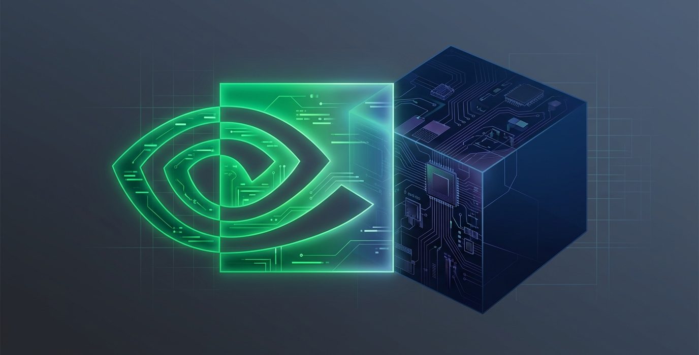 NVIDIA grafikus kártya logója neon zöld színben, mellette digitális chipset illusztráció sötét háttéren.