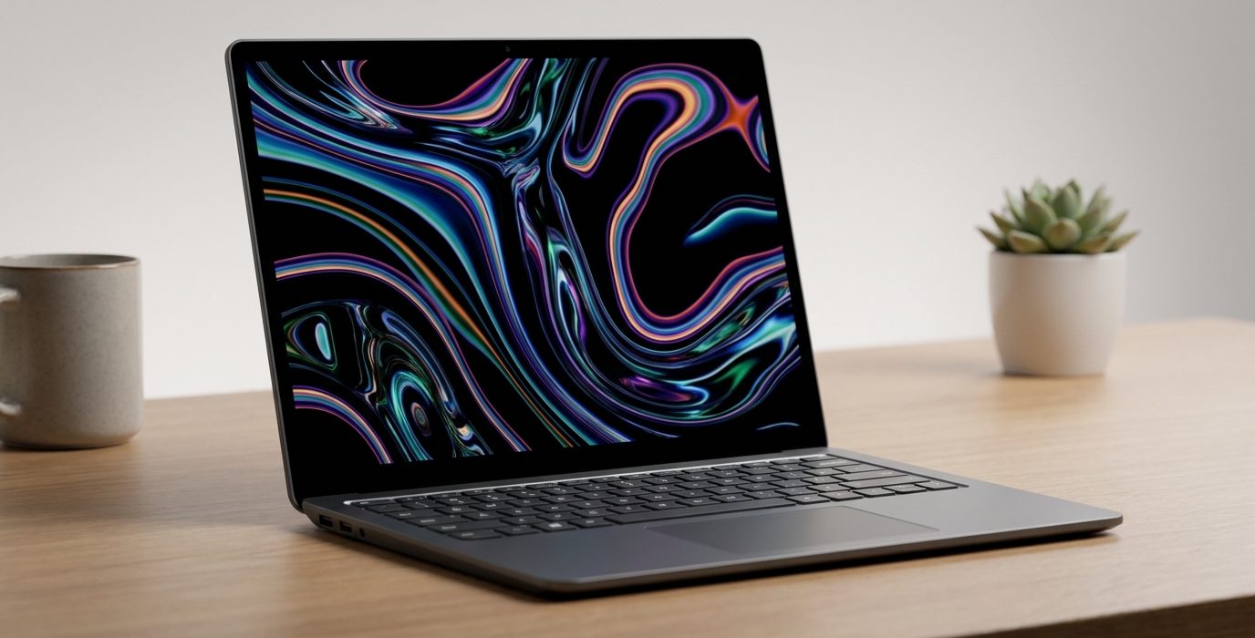 Modern laptop asztalon színes absztrakt mintával a kijelzőn, mellett kávécsészével és zöld növénnyel.