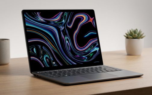 Modern laptop asztalon színes absztrakt mintával a kijelzőn, mellett kávécsészével és zöld növénnyel.