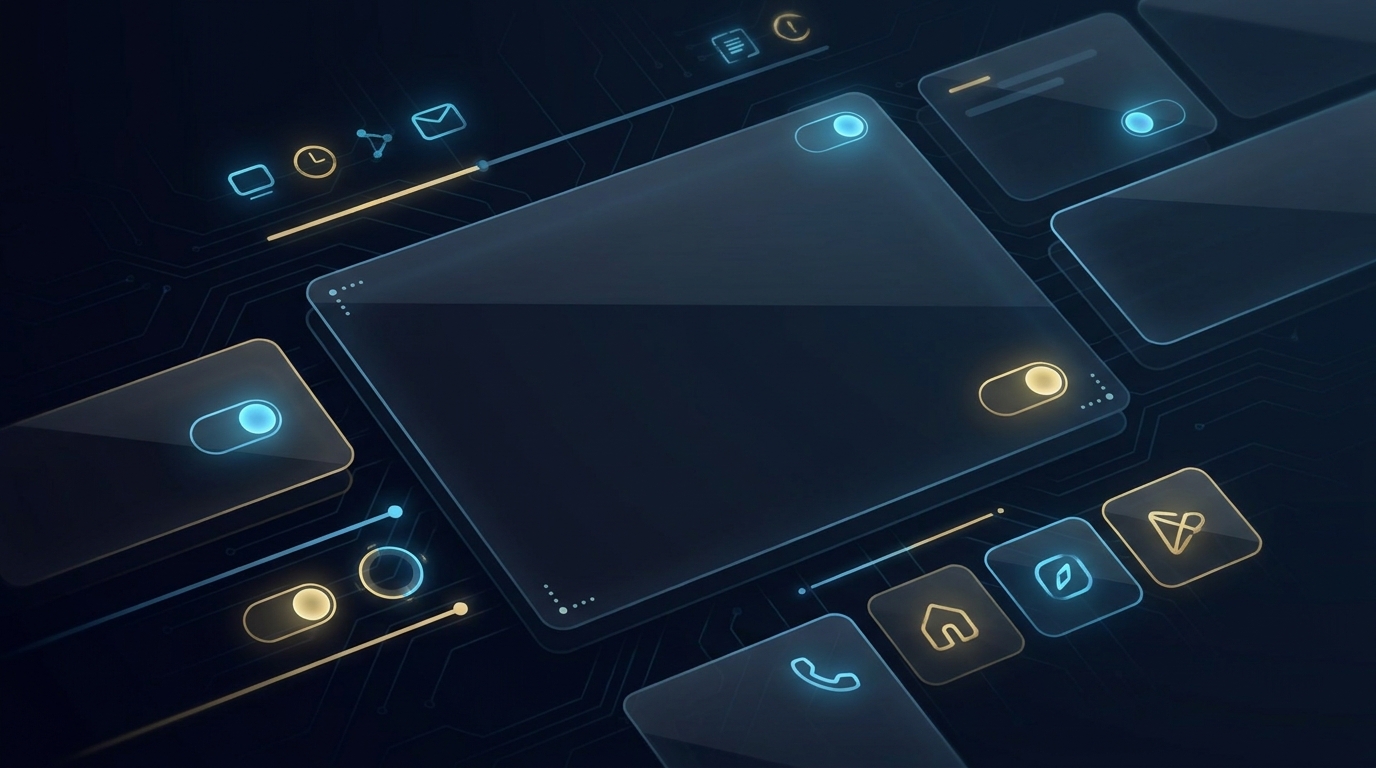 Futurisztikus eszközök neon ikonokkal és kapcsológombokkal, amely a digitális szoftverkereskedelem témáját ábrázolja.