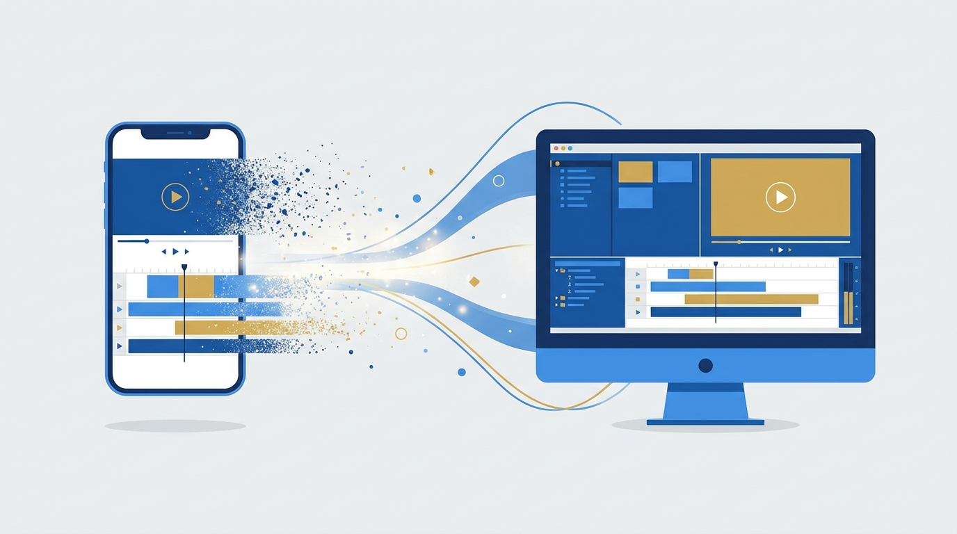 Mobil és asztali eszközök közötti szinkronizáció videó szerkesztési projektekkel és idővonalas interfész megjelenítésével.
