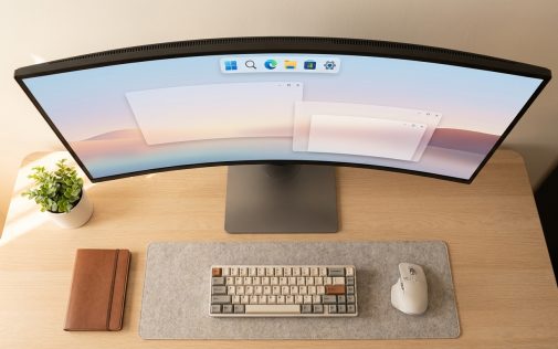 Minimalist irodai asztal modern ívelt monitorral, mechanikus billentyűzettel és egérrel.