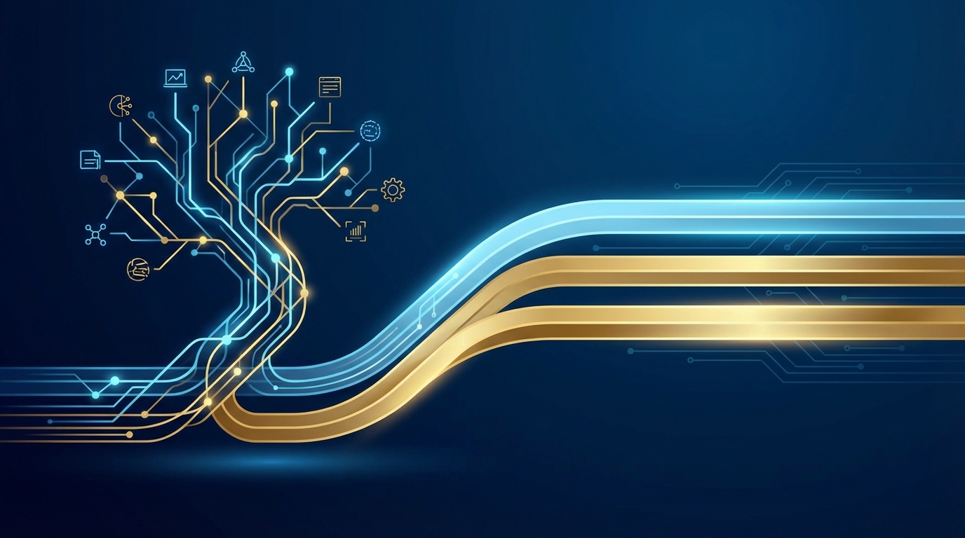 Digitális technológiai csomópontok és folyamatok absztrakt vizualizációja kék és arany színekben.
