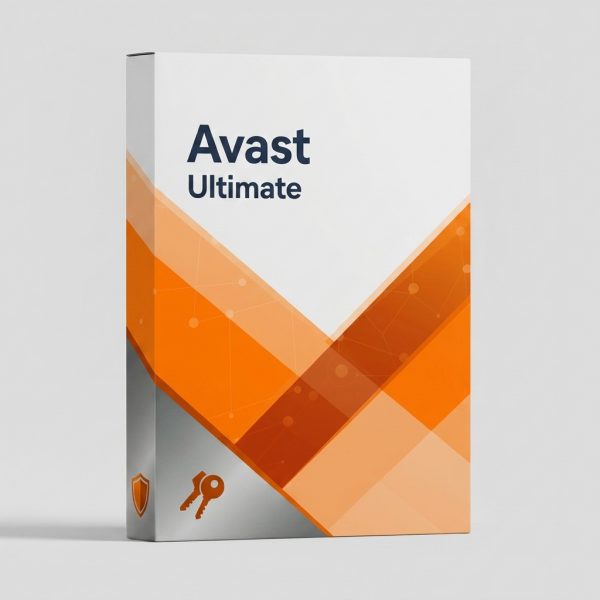 Avast Ultimate szoftver doboza narancssárga és fehér dizájnnal, pajzs és kulcs ikonokkal.
