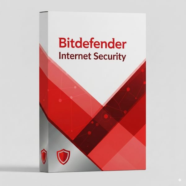 Bitdefender Internet Security szoftver doboza piros és fehér dizájnnal, biztonsági pajzs ikonnal.