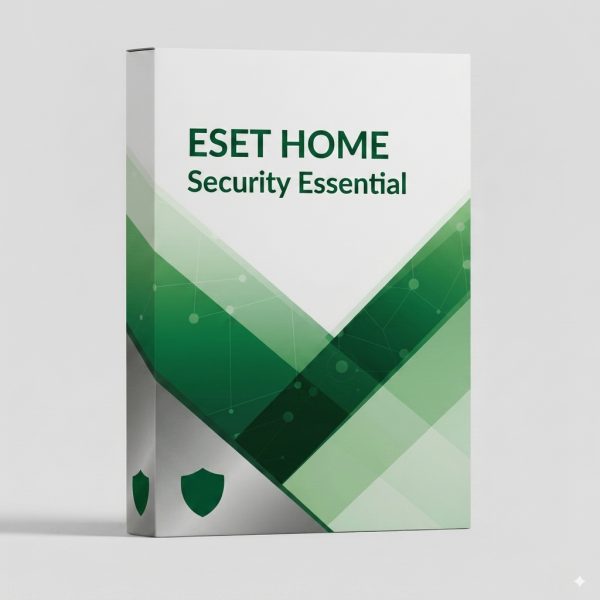 ESET HOME Security Essential szoftver doboza zöld és fehér dizájnnal, biztonsági pajzs ikonokkal.