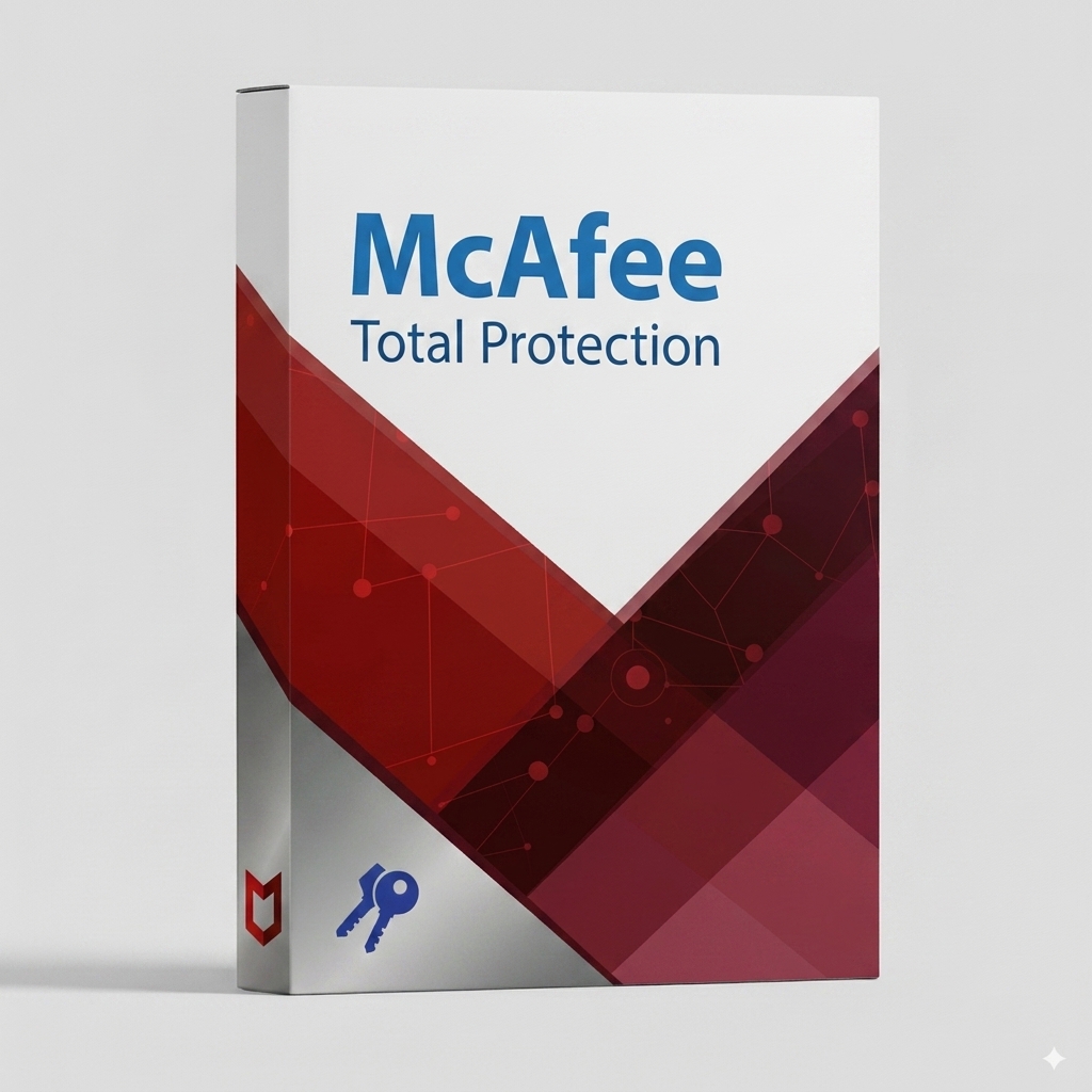 mcafee-total-protection-sd McAfee Total Protection szoftver doboza fehér és vörös dizájnmal, biztonsági kulcs ikonnal.