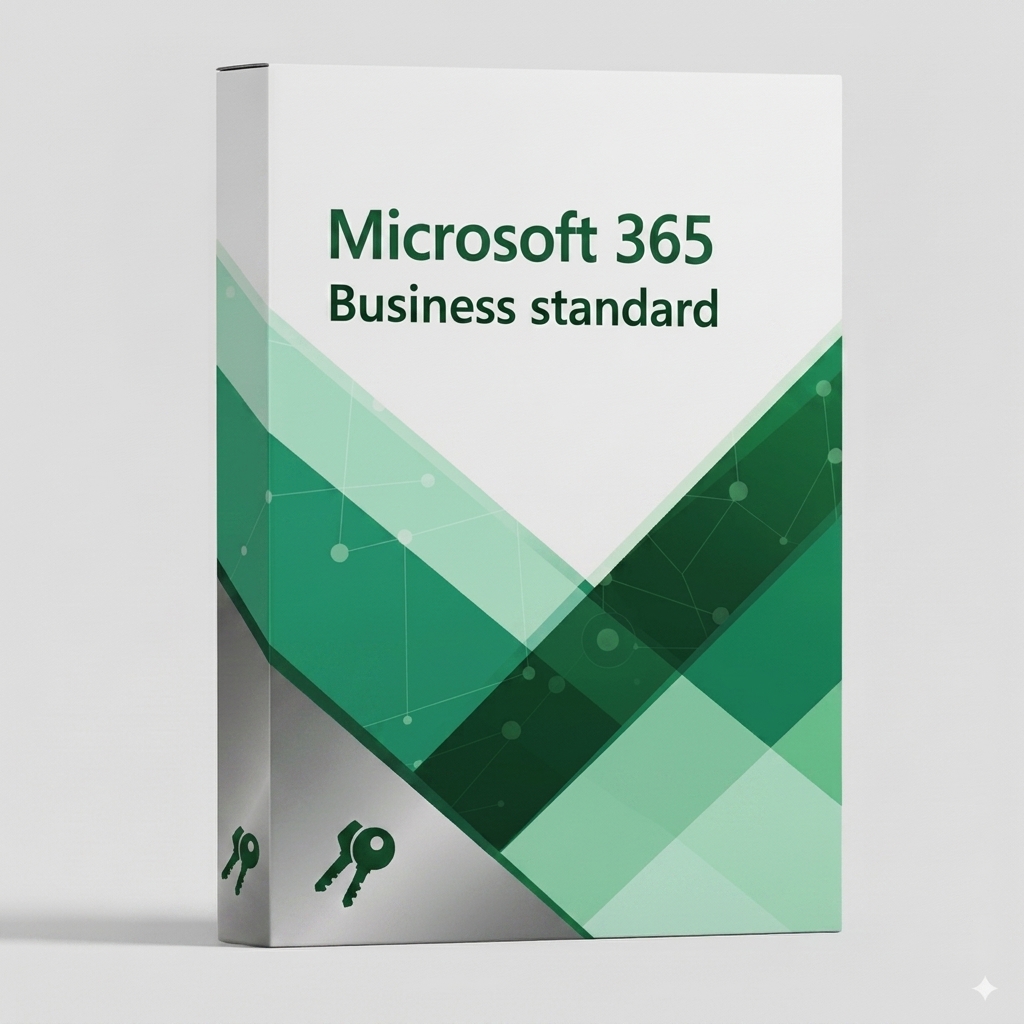 Microsoft 365 Business Standard Microsoft 365 Business Standard szoftver csomag doboza zöld és fehér design elemekkel.