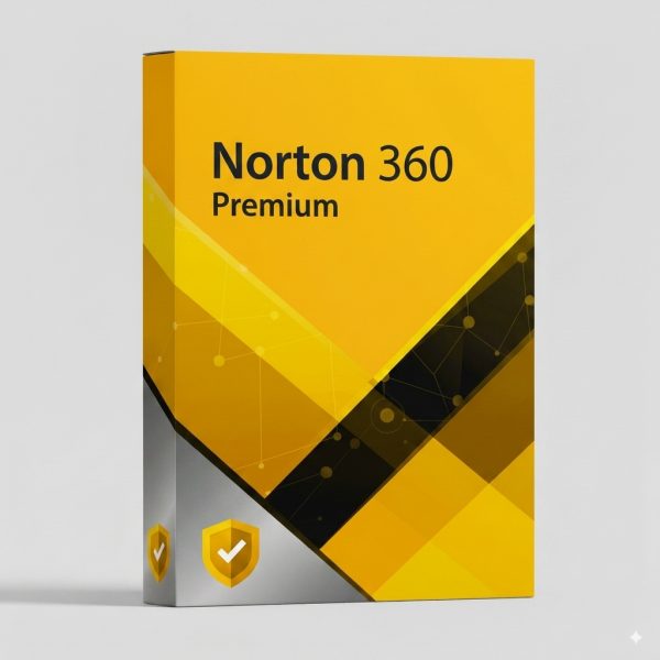 Norton 360 Premium antivírus szoftver doboza sárga és fekete színű modern designnal.