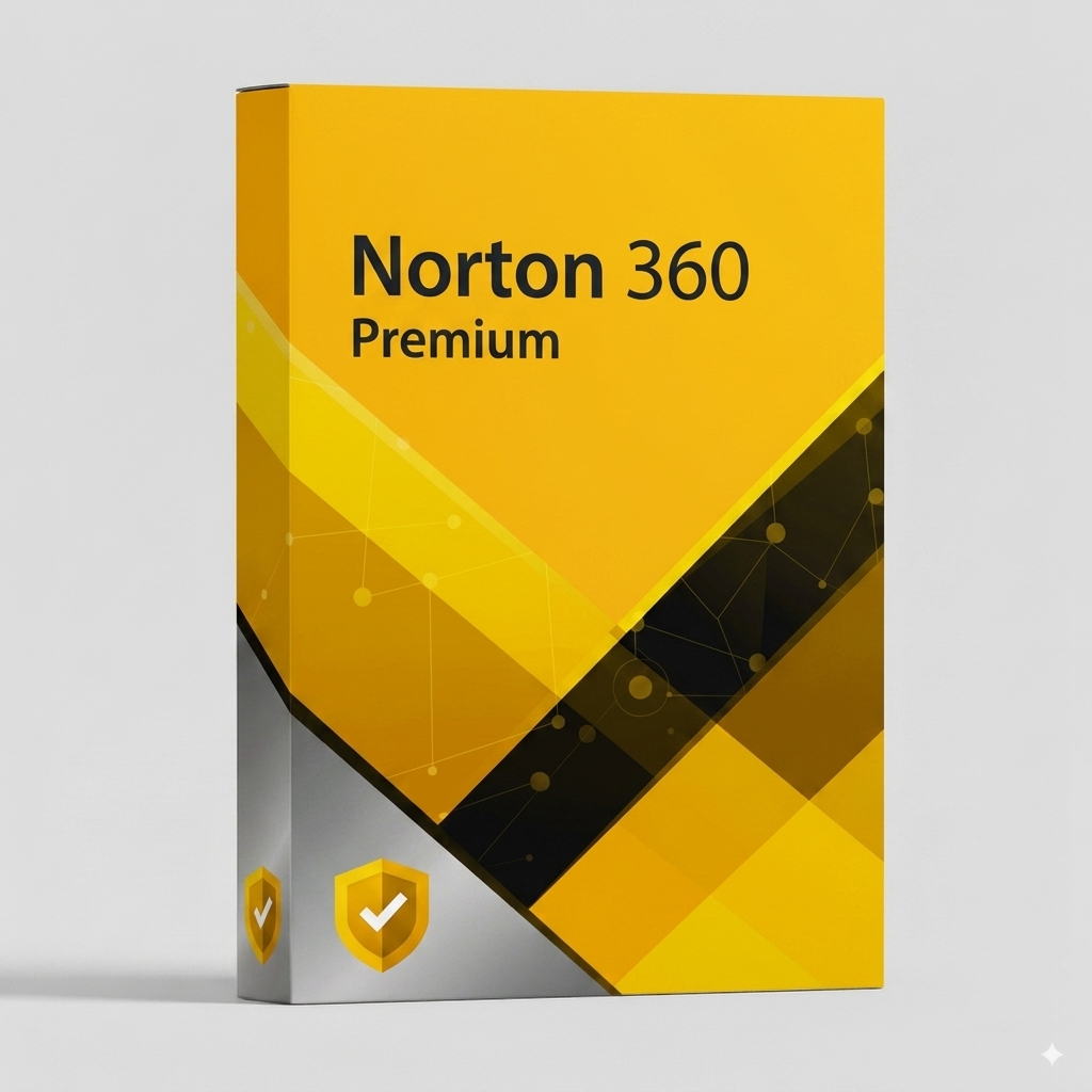 norton-premium-sd Norton 360 Premium antivírus szoftver doboza sárga és fekete színű modern designnal.