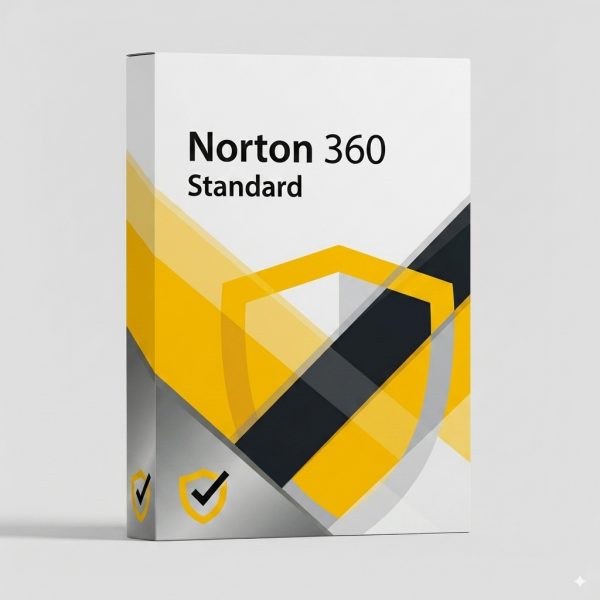 Norton 360 Standard szoftver doboza sárga és fekete dizájnmal, biztonsági pajzs ikonnal.