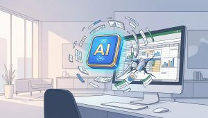 AI-technológiát szimbolizáló ikon egy számítógép képernyőjén, körülötte adatelemzési grafikonok és dokumentumok.