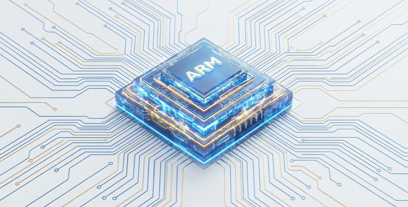 ARM processzor vizualizációja kék és arany megvilágítással, körülötte nyomtatott áramköri sémával.