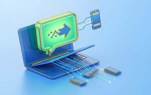 Laptop és okostelefon pixelated nyíl ikonnal, mikrochipekkel és világító adatátviteli vonalakkal, szoftver-integráció témája.