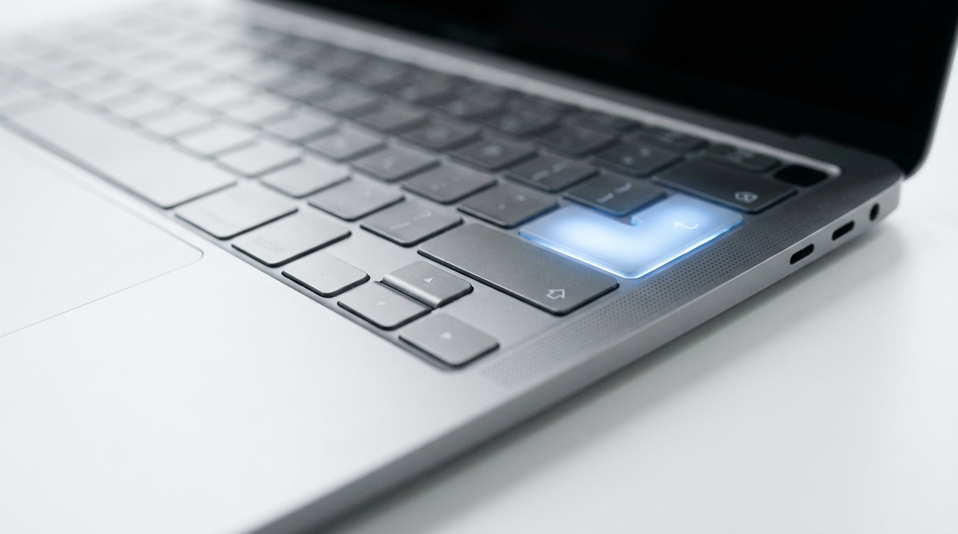 Ezüst laptop billentyűzete kék világító gombbal a fehér asztalon.