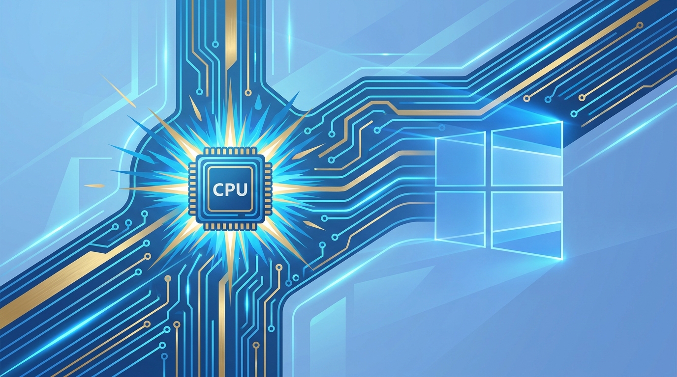 Világító CPU chip körül futó kék és arany áramköri pályák a Windows logóval a háttérben.