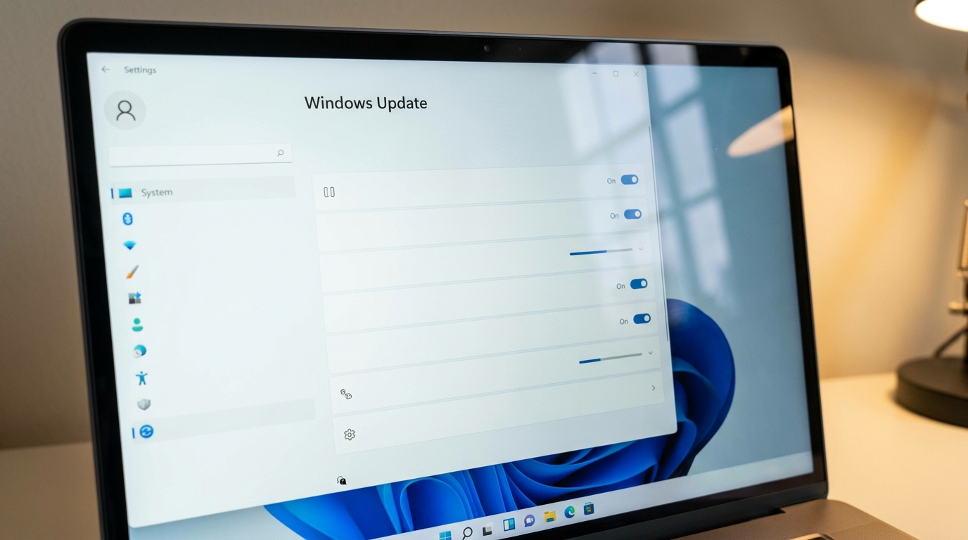 Windows Update beállítások képernyő a Settings alkalmazásban, kék kapcsolókkal és frissítési opciókkal.