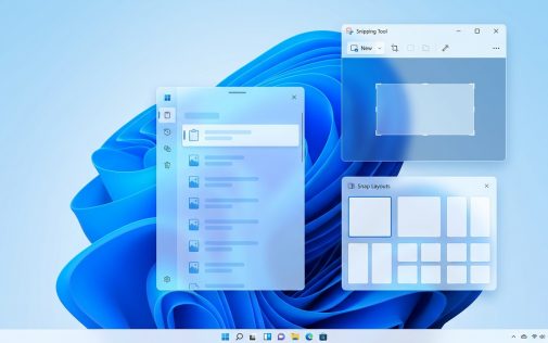 Windows 11 felület szoftverekkel, Snipping Tool és Snap Layouts ablakokkal.