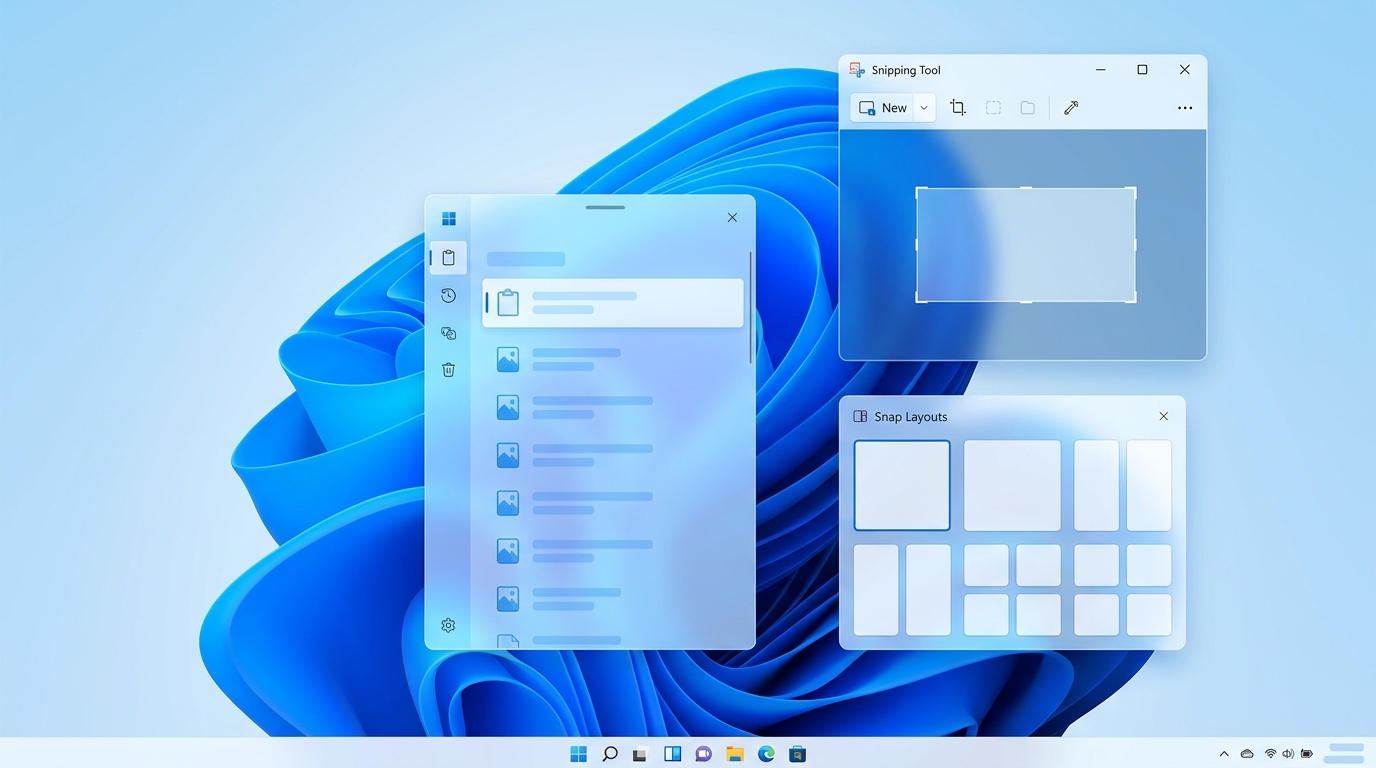 Windows 11 felület szoftverekkel, Snipping Tool és Snap Layouts ablakokkal.