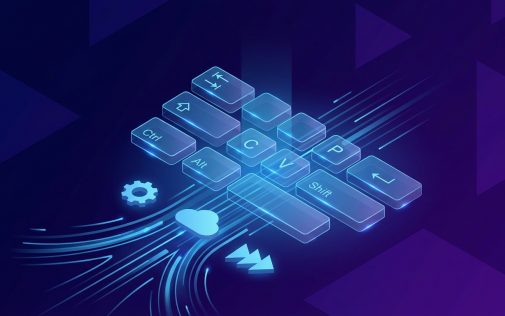Világító billentyűzet gombokkal, felhő ikonnal és fogaskerékkel a digitális technológia szimbólumait ábrázoló grafika.