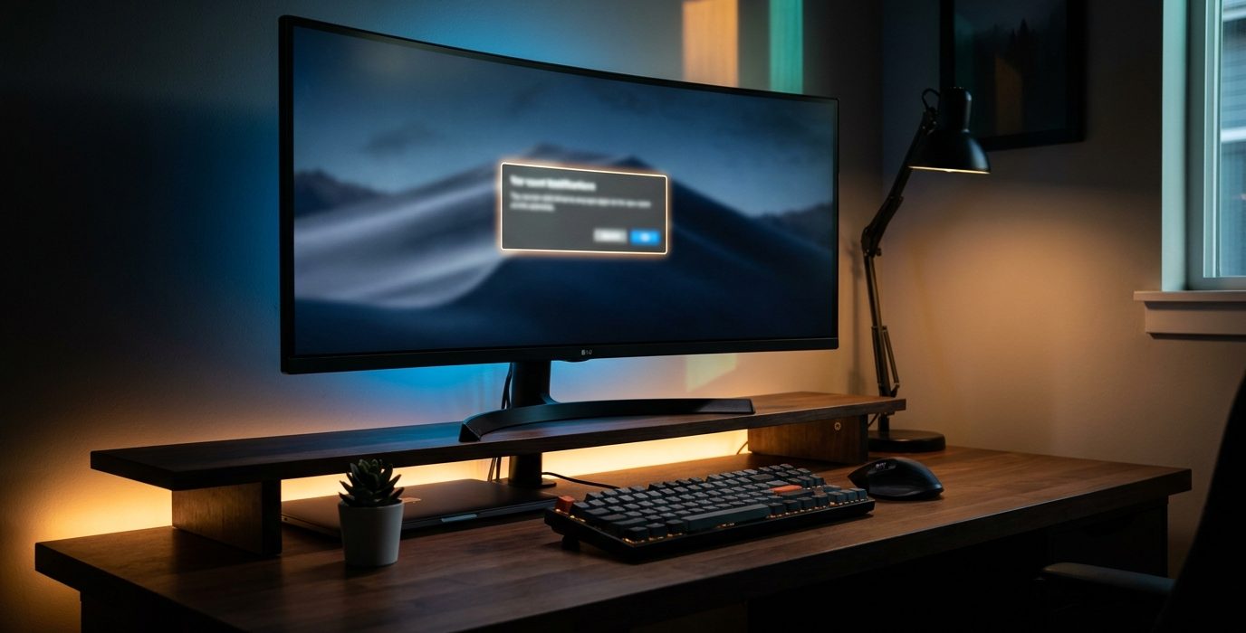Gamer asztal monitoros beállítással, billentyűzettel és egérrel, éjszakai munkakörnyezetben.