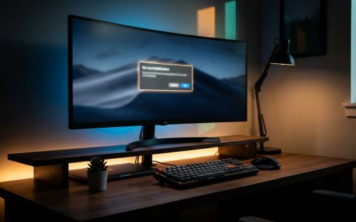 Gamer asztal monitoros beállítással, billentyűzettel és egérrel, éjszakai munkakörnyezetben.