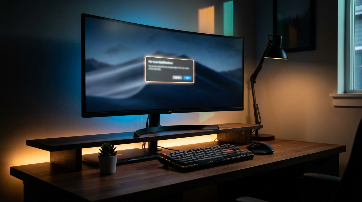 Gamer asztal monitoros beállítással, billentyűzettel és egérrel, éjszakai munkakörnyezetben.