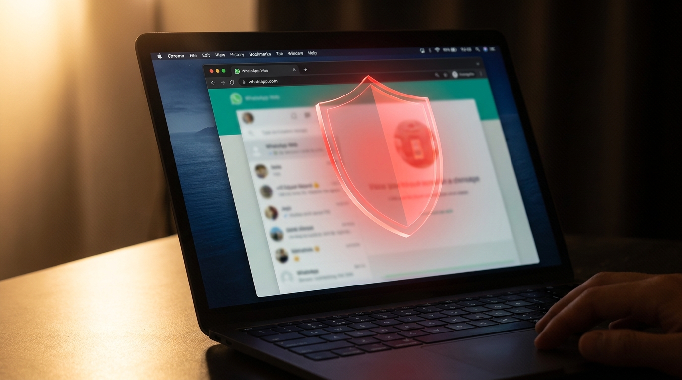 WhatsApp webes felület egy vörös biztonsági pajzzsal, amely az adatvédelmet szimbolizálja.