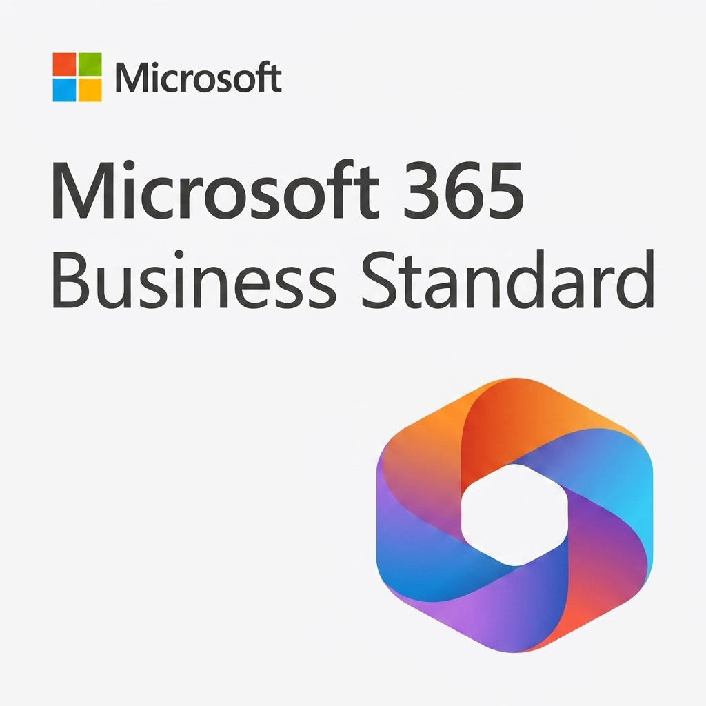 Microsoft 365 Business Standard Microsoft 365 Business Standard logó és terméknév szürke háttéren, színes grafikai elemekkel.
