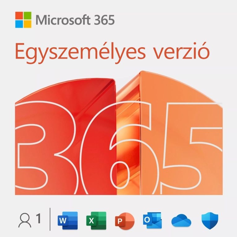 Microsoft 365 Egyszemélyes verzió Microsoft 365 egyéb verzió csomag logója, amely Word, Excel, PowerPoint, Outlook, OneDrive és Defender alkalmazásokat tartalm