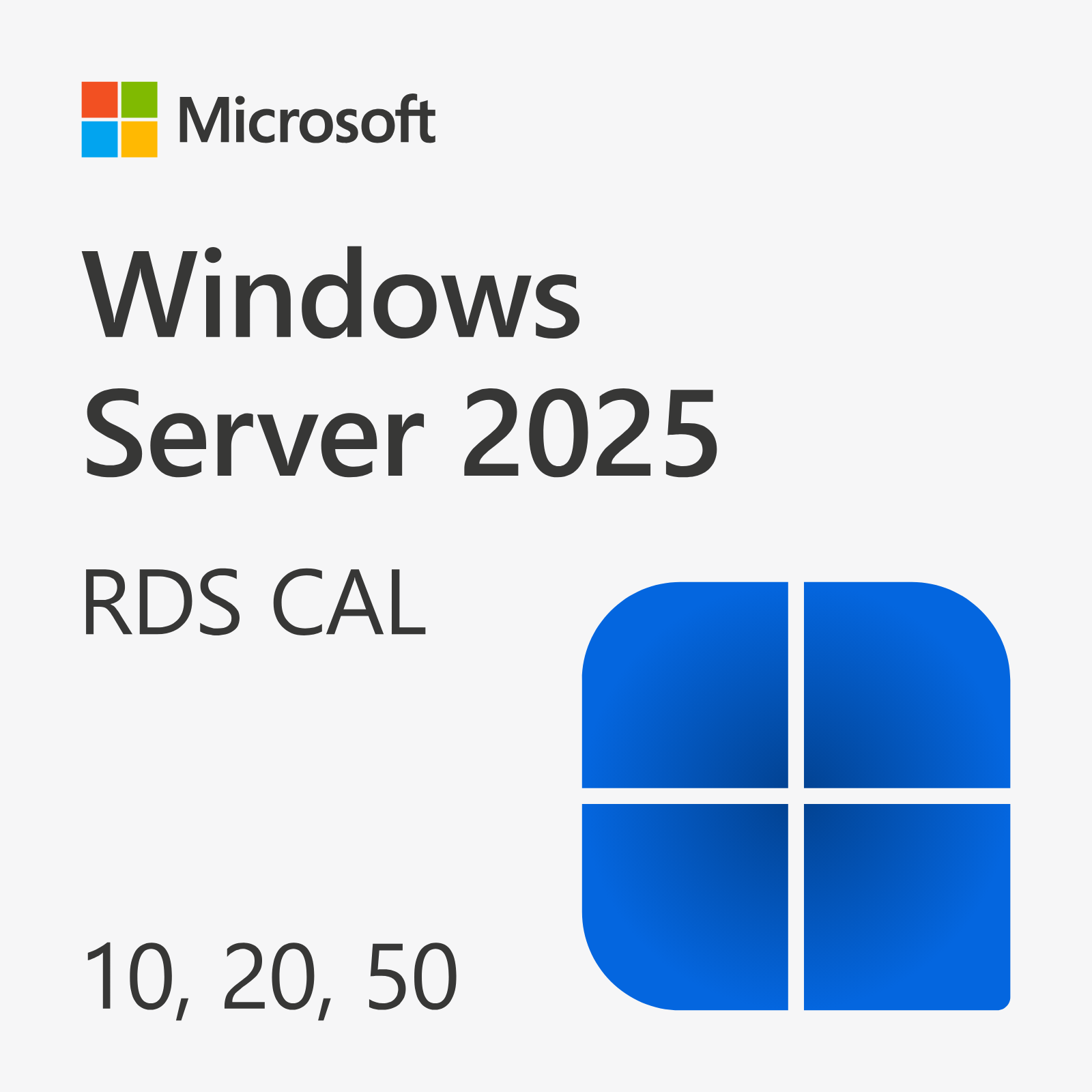Windows Server 2025 RDS CAL Windows Server 2025 RDS CAL 10, 20, 50 felhasználó licenc Microsoft termékkép logóval.