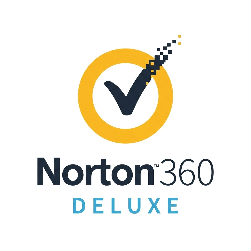 Norton 360 Deluxe Norton 360 Deluxe biztonsági szoftver logója sárga körrel és kék pipával.