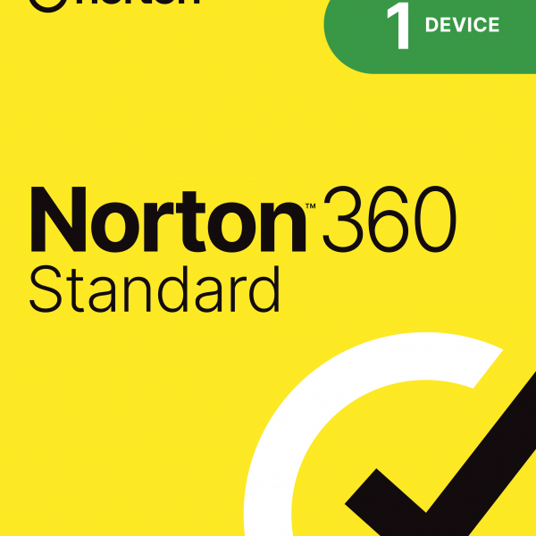 Norton 360 Standard szoftver 1 eszközre, sárga háttéren logóval és pipával.