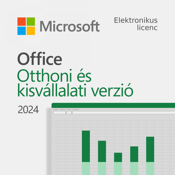 Microsoft Office 2024 otthoni és kisvállalati verzió elektronikus licenc borítója zöld oszlopdiagrammal.