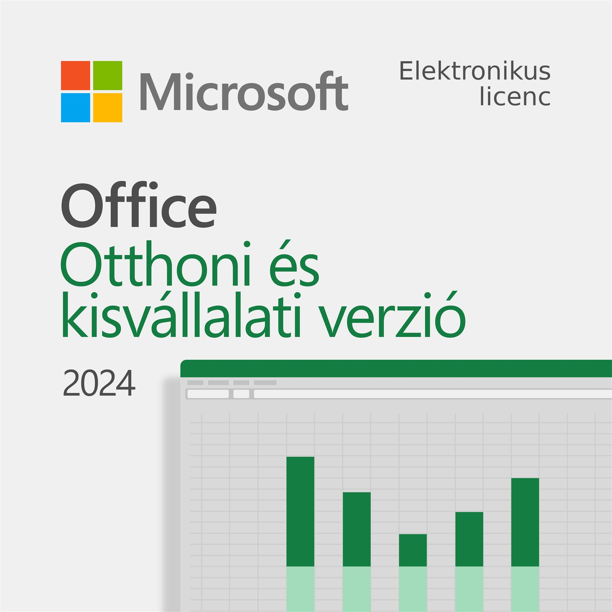 Microsoft Office 2024 Otthoni és kisvállalati Microsoft Office 2024 otthoni és kisvállalati verzió elektronikus licenc borítója zöld oszlopdiagrammal.