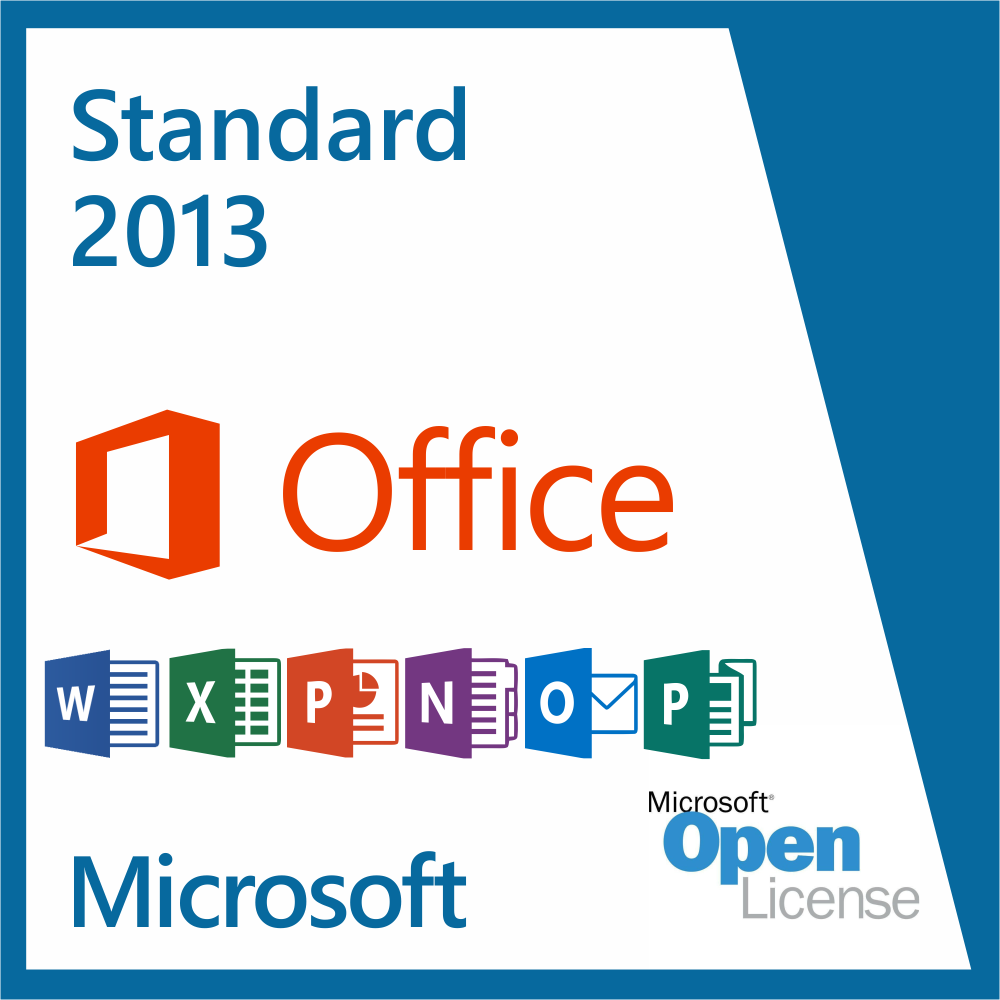 Office Standard 2013 Microsoft Office 2013 Standard szoftver csomag logója és ikonjai az Open License licenckerettel.