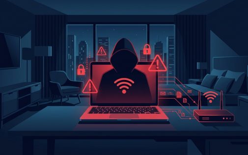 Horogra akadt számítógép: hacker sziluettje neon biztonsági ikonokkal egy modern szobában.