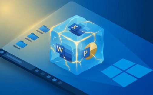 Microsoft Office és Windows szoftvercsomag illusztrációja világító kristály kockában, kék háttéren.