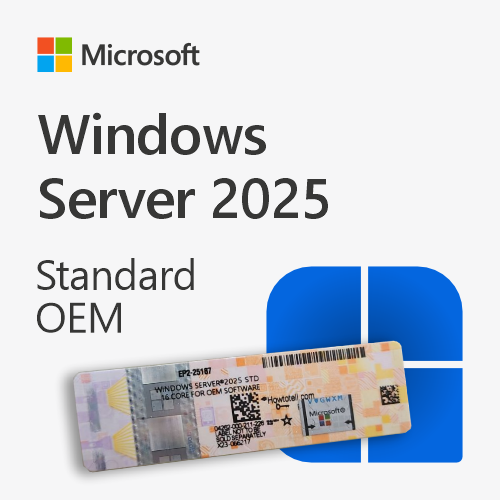 Windows Server 2025 Standard OEM licenc fizikai kulccsal és Microsoft logóval.